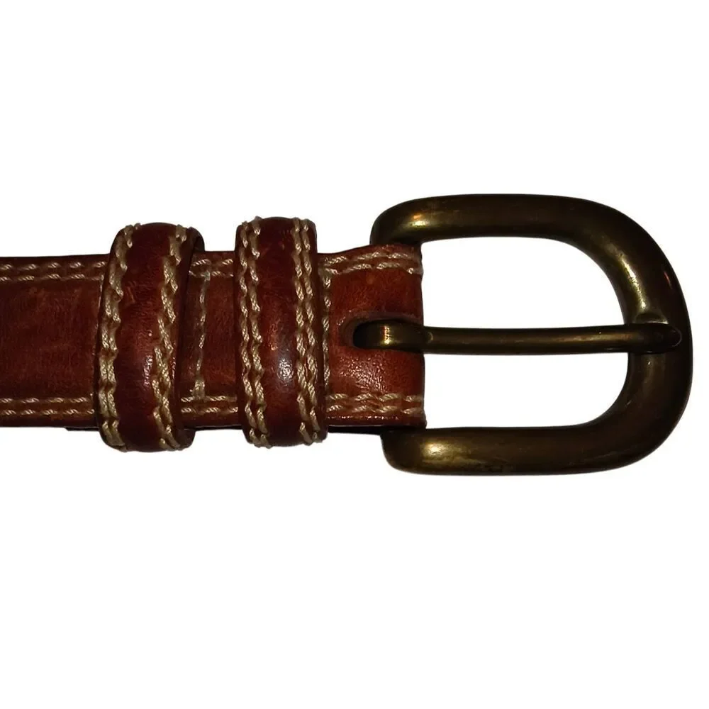 Vintage genuine leather stitched belt Size 32 brass hardware Taiwan cowboy rodeo